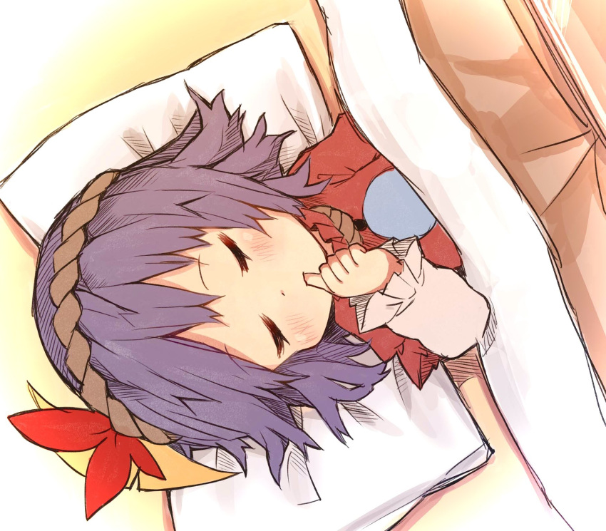 aged_down closed_eyes commentary dutch_angle female finger_in_own_mouth hair_ornament highres kotatsu leaf_hair_ornament long_sleeves lying on_back pillow purple_hair rope rope_necklace short_hair sleeping solo table tatuhiro thumb_sucking touhou under_covers yasaka_kanako