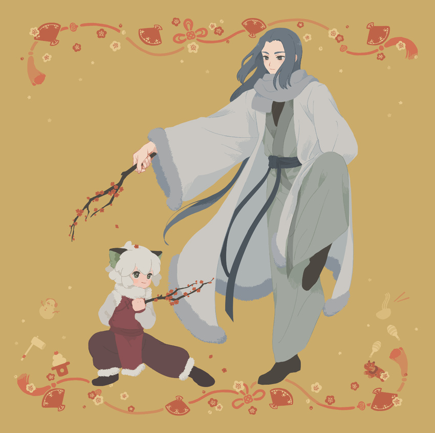 2boys age_difference animal_ears bad_id bad_twitter_id branch brown_pants cat_boy cat_ears highres holding holding_branch leg_up lolicon long_sleeves luo_xiaohei luo_xiaohei_(human) luo_xiaohei_zhanji multiple_boys pants simple_background sirakaro wide_sleeves wuxian_(the_legend_of_luoxiaohei) yellow_background