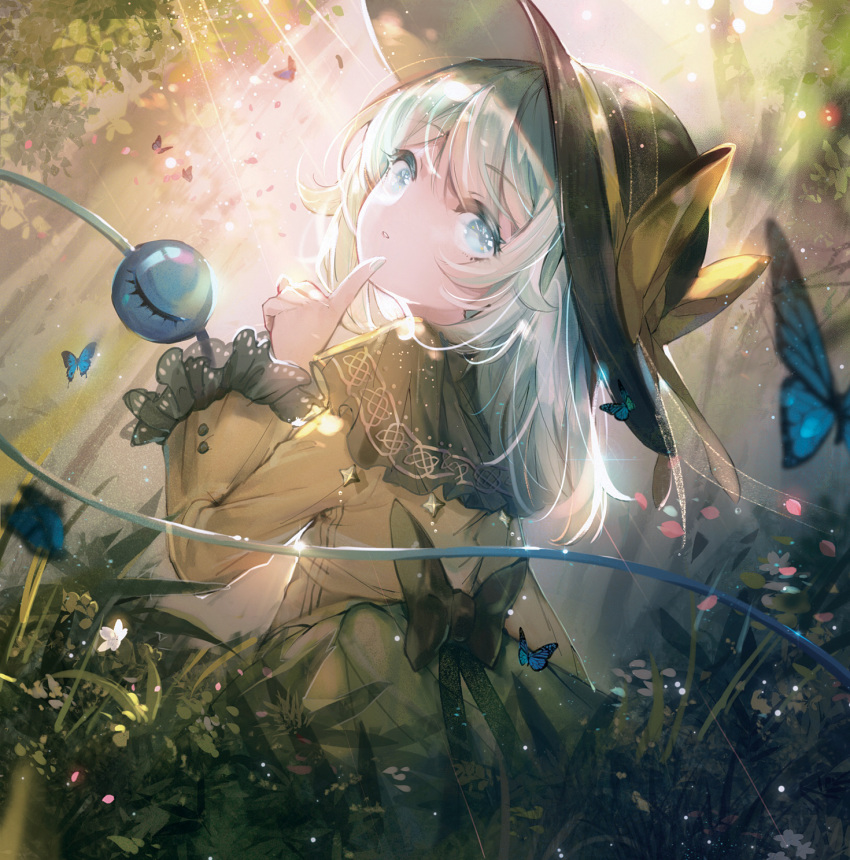 back_bow black_hat blue_butterfly bow bug butterfly commentary_request day female finger_to_face flower frills from_behind green_bow green_hair green_skirt hand_up hat hat_ribbon highres index_finger_raised komeiji_koishi leaf light_rays long_hair long_sleeves looking_at_viewer looking_back outdoors petals photoshop_(medium) plant ribbon rokusai shirt skirt solo sunbeam sunlight third_eye touhou tree upper_body yellow_ribbon yellow_shirt