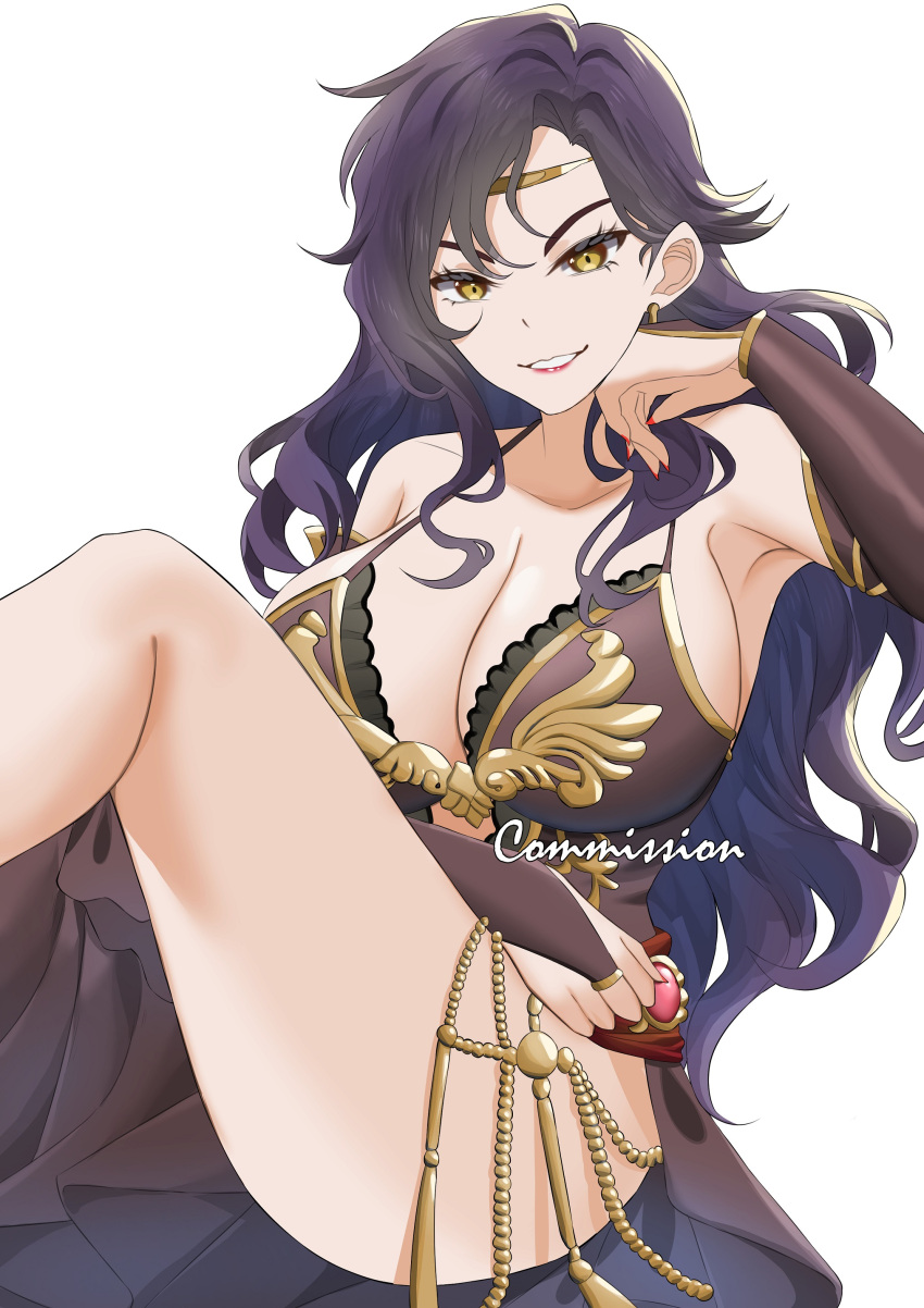 absurdres armpits black_dress black_hair breasts bridal_gauntlets circlet cleavage commission detached_sleeves dress earrings feet_out_of_frame female fire_emblem fire_emblem:_the_blazing_blade genm7 gold_trim grin halterneck head_rest highres jewelry lipstick long_hair makeup sitting smile solo sonia_(fire_emblem:_the_blazing_blade) teeth v-shaped_eyebrows yellow_eyes