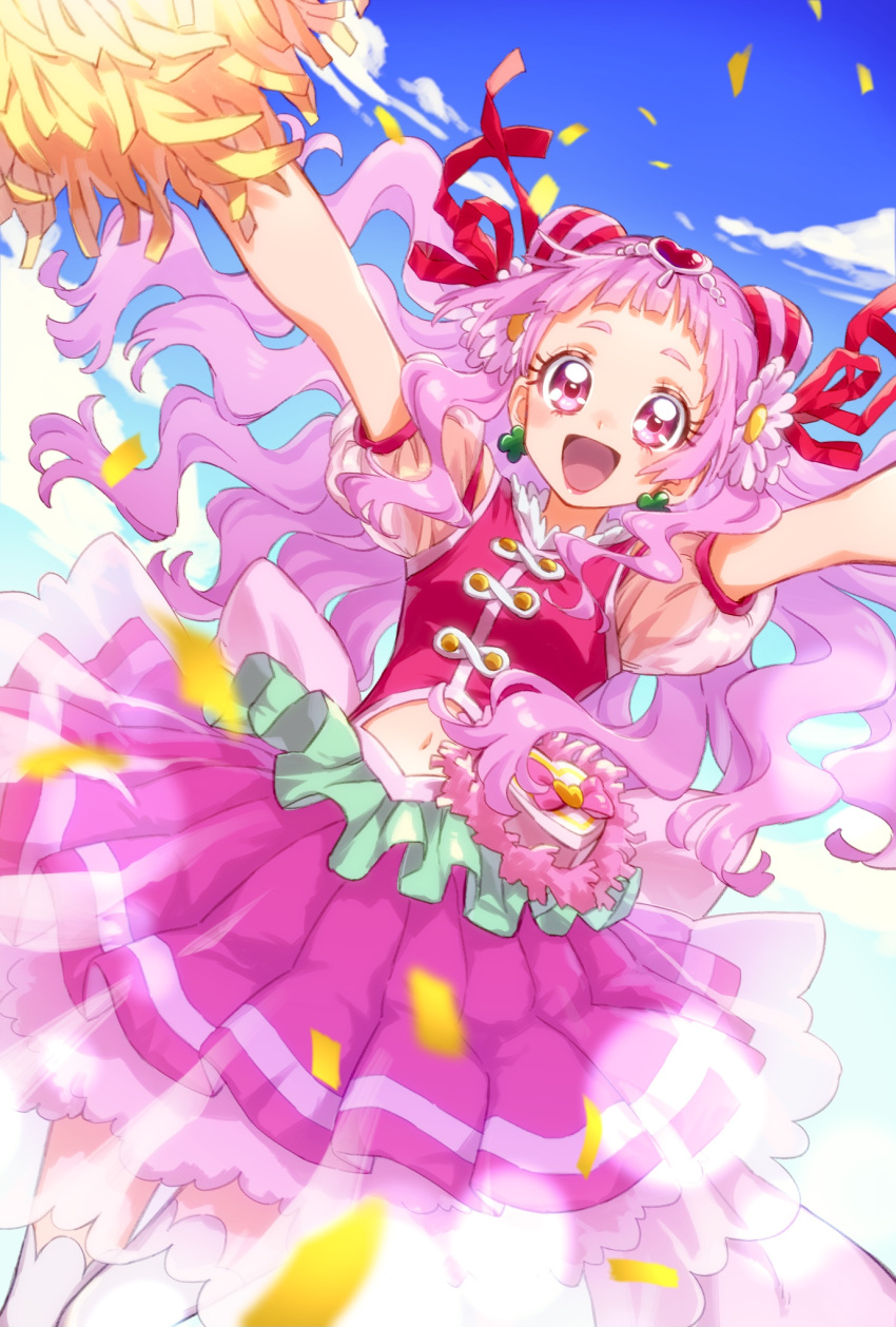 :d back_bow bow cheerleader cloud clover_earrings cone_hair_bun confetti cure_yell double_bun female flower hair_bun hair_flower hair_ornament hair_ribbon hairbow heart_pouch highres hugtto!_precure large_bow layered_skirt long_hair looking_at_viewer magical_girl navel nono_hana okimochi open_mouth outstretched_arms pink_bow pink_eyes pink_hair pink_shirt pink_skirt pom_pom_(cheerleading) pouch precure puffy_sleeves red_bow red_ribbon ribbon shirt skirt sky smile solo spread_arms thick_eyelashes thighhighs white_thighhighs zettai_ryouiki