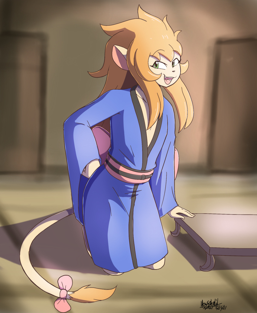 anthro ashter_(howsplendid) asian_clothing clothing east_asian_clothing felid femboy hand_on_hip hand_on_table hi_res howsplendid japanese_clothing kimono lion male mammal open_mouth oriental pantherine smile solo