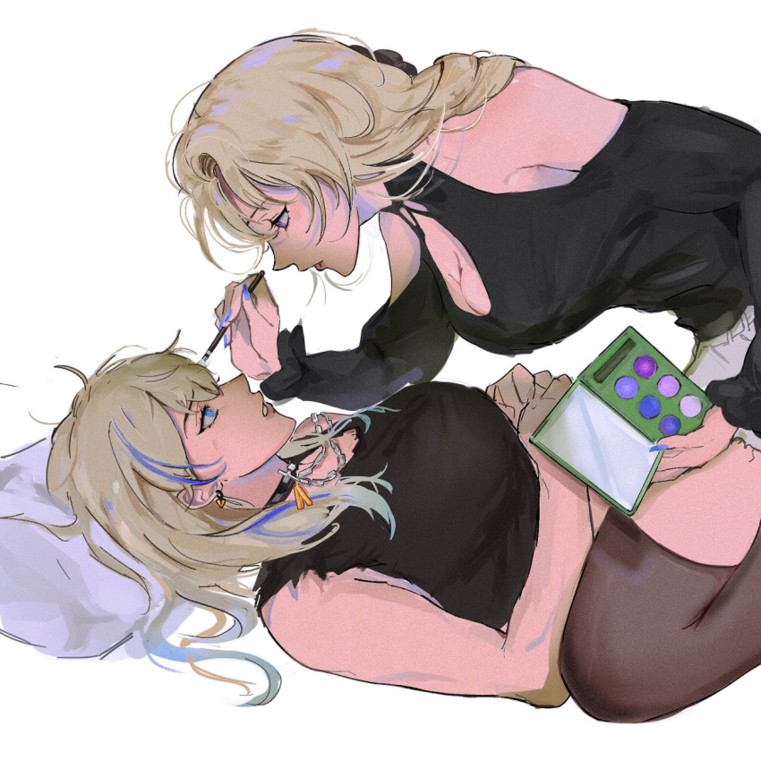 2girls applying_makeup bjmaki blonde_hair blue_eyes cocolia_rand commentary cowgirl_position english_commentary highres honkai:_star_rail honkai_(series) lesbians_doing_makeup_(meme) lying makeup meme multicolored_hair multiple_girls on_back palette_(object) purple_eyes serval_landau streaked_hair thighhighs yuri