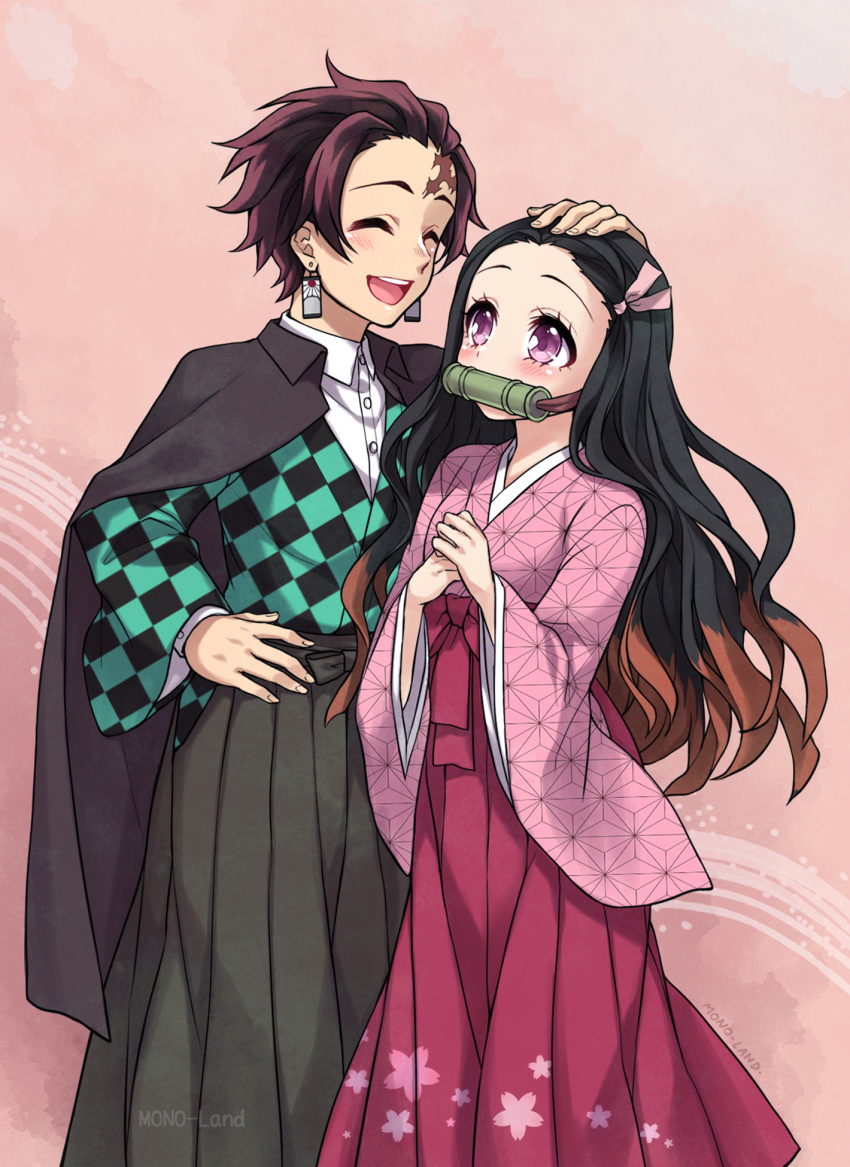 1boy artist_name bamboo bit_gag black_cape black_hair blush brother_and_sister brown_hair cape checkered_clothes checkered_kimono collared_shirt commentary_request dress_shirt earrings facing_another female floral_print forehead gag gagged grey_hakama hair_ribbon hakama hakama_skirt hand_on_another's_head highres japanese_clothes jewelry kamado_nezuko kamado_tanjirou kimetsu_no_yaiba kimono long_hair long_sleeves looking_at_another mono_land mouth_hold multicolored_hair own_hands_together parted_bangs photoshop_(medium) pink_kimono pink_ribbon print_hakama purple_eyes red_hakama ribbon shirt siblings signature skirt taishou teeth two-tone_hair upper_teeth_only very_long_hair white_shirt wide_sleeves