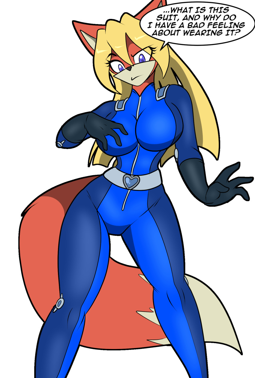 2023 4_fingers alpha_channel anthro belt big_breasts black_clothing black_gloves black_handwear blonde_hair blue_bodysuit blue_clothing blue_latex blue_skinsuit bodysuit breasts canid canine chaoscroc clothing dialogue dipstick_tail female fingers fluffy fluffy_tail fox fur gloves hair handwear heart_symbol hi_res latex latex_clothing latex_skinsuit looking_down mammal markings orange_body orange_fur purple_eyes rubber_clothing skinsuit solo standing superhero tail tail_markings tight_clothing totally_spies! victory_vixen