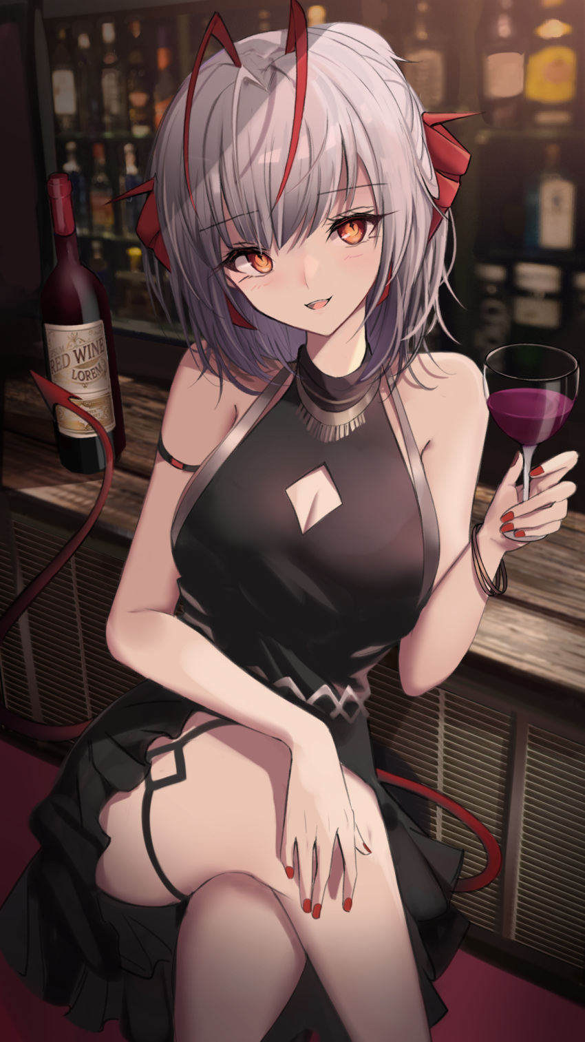 :d alcohol antenna_hair arknights arm_strap bar_(place) bare_shoulders black_dress bottle bracelet breasts cleavage cleavage_cutout clothing_cutout commentary crossed_legs cup demon_girl demon_horns demon_tail dress drinking_glass english_commentary english_text feet_out_of_frame female grey_hair highres holding holding_cup horns indoors jewelry large_breasts looking_at_viewer md5_mismatch multicolored_hair nail_polish open_mouth red_eyes red_hair red_nails revision short_hair sitting sleeveless sleeveless_dress smile solo stratoz tail thigh_strap two-tone_hair w_(arknights) wine wine_bottle wine_glass