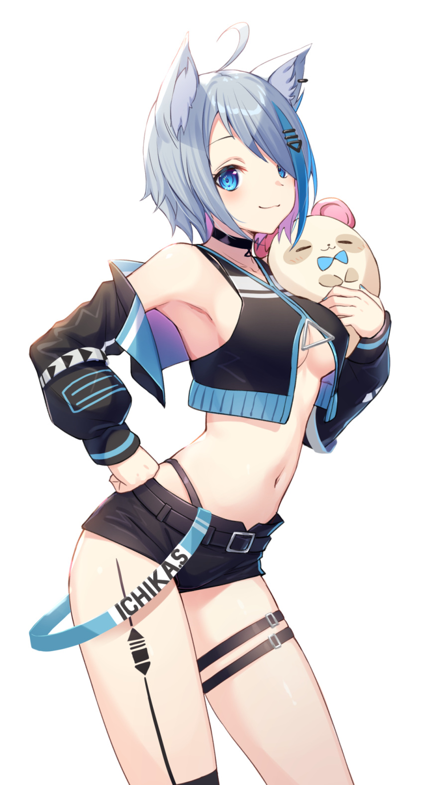 :3 ahoge animal_ear_fluff animal_ears animare armpits bare_shoulders belt black_choker black_jacket black_shirt black_shorts blue_eyes breasts choker contrapposto cowboy_shot crop_top crop_top_overhang cropped_jacket earrings female grey_hair hair_ornament hairclip hand_on_own_hip hand_up highleg highres jacket jewelry looking_at_viewer medium_breasts micro_shorts midriff multicolored_hair nanashi_inc. navel nishino_eri no_bra off_shoulder open_clothes open_jacket partially_unzipped revealing_clothes shirt short_hair short_shorts shorts simple_background sleeveless sleeveless_shirt smile solo souya_ichika souya_ichika_(4th_costume) standing stomach streaked_hair thigh_strap thighs underboob virtual_youtuber white_background zipper_pull_tab