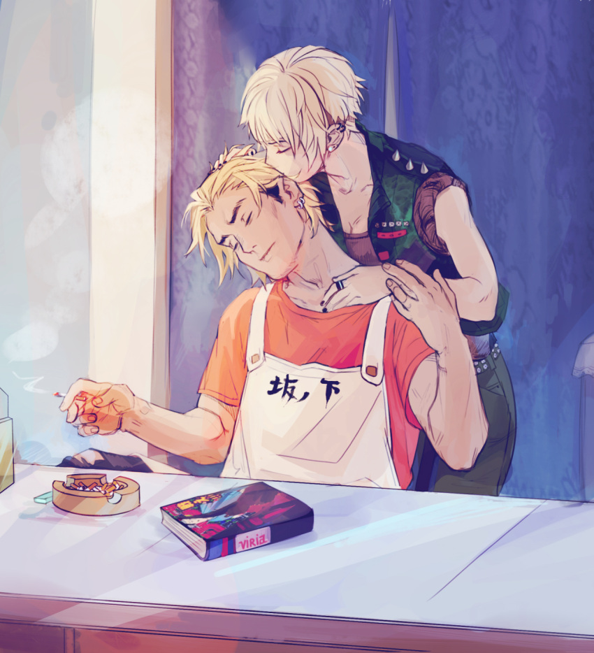 1boy apron ashtray belt blonde_hair chair cigarette closed_eyes denim ear_piercing eyebrows eyelashes female haikyuu!! highres holding holding_cigarette indoors jeans jewelry kissing_ear pants photoshop_(medium) piercing ring shirt short_hair short_sleeves sitting smoke smoking source_request straight tanaka_saeko_(haikyuu!!) ukai_keishin viria13