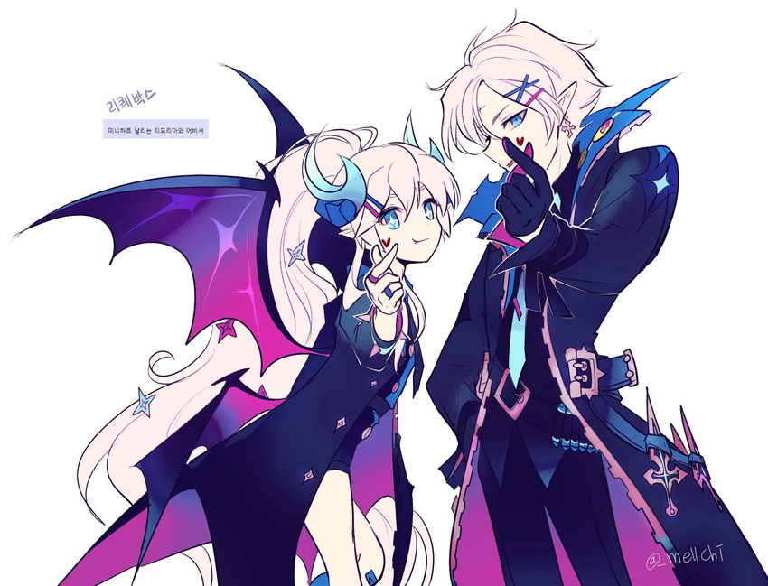 1boy abysser_(elsword) bad_id bad_twitter_id blue_eyes blue_horns ciel_(elsword) collared_shirt commentary_request demon_wings earrings elsword female gloves hair_ornament hairclip horns jacket jewelry knife korean_commentary korean_text long_hair luciela_r._sourcream mellchi necktie pointy_ears ponytail ring shirt sidelocks smile symbol-shaped_pupils timoria_(elsword) translation_request twitter_username white_background white_hair wings