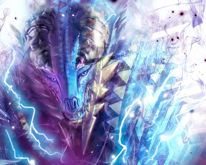 blue_eyes commentary_request dragon electricity fangs light lightning looking_at_viewer monster monster_hunter_(series) monster_hunter_portable_3rd no_humans sharp_teeth tanaka_ken'ichi teeth zinogre