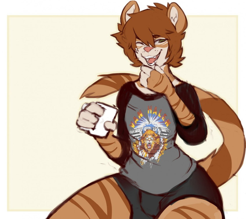 anthro brown_hair brown_stripes clothed clothing countershading domestic_cat felid feline felis fur green_eyes hair holding_object malan_(athiesh) male mammal simple_background solo stripes tabby_cat tan_body tan_fur tsmkyrus van_halen white_background wide_hipped_male wide_hips