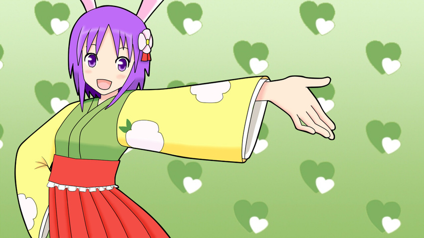 animal_ears aq_(bb009ma) commentary_request dancing female flower hair_flower hair_ornament hand_on_own_hip heart hieda_no_akyuu japanese_clothes maru-toku_series no_nose open_mouth outstretched_arm purple_eyes purple_hair rabbit_ears short_hair solo touhou