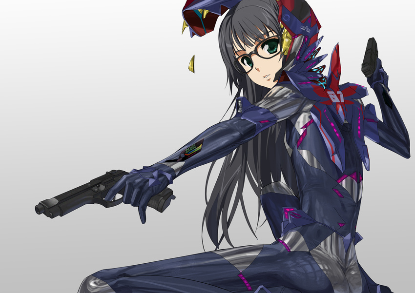 armor asobi_ni_iku_yo! beretta_92 black_hair bodysuit dual_wielding female futaba_aoi glasses glock_17 green_eyes gun handgun helmet kusaka_souji looking_at_viewer skin_tight solo weapon