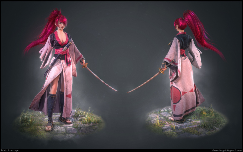 3d amputee baiken blair_armitage breasts cleavage facial_tattoo female full_body guilty_gear hair_over_one_eye japanese_clothes katana looking_at_viewer multiple_views parted_lips pink_hair realistic sash scabbard solo sword tattoo