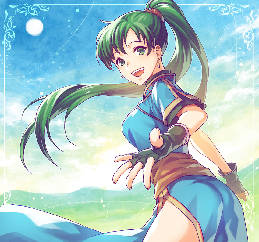 :d ass breasts commentary_request dress earrings female fingerless_gloves fire_emblem fire_emblem:_the_blazing_blade gloves green_eyes green_hair high_ponytail highres jewelry kori_(etinop) long_hair looking_at_viewer lyn_(fire_emblem) medium_breasts open_mouth pelvic_curtain ponytail side_slit smile solo very_long_hair