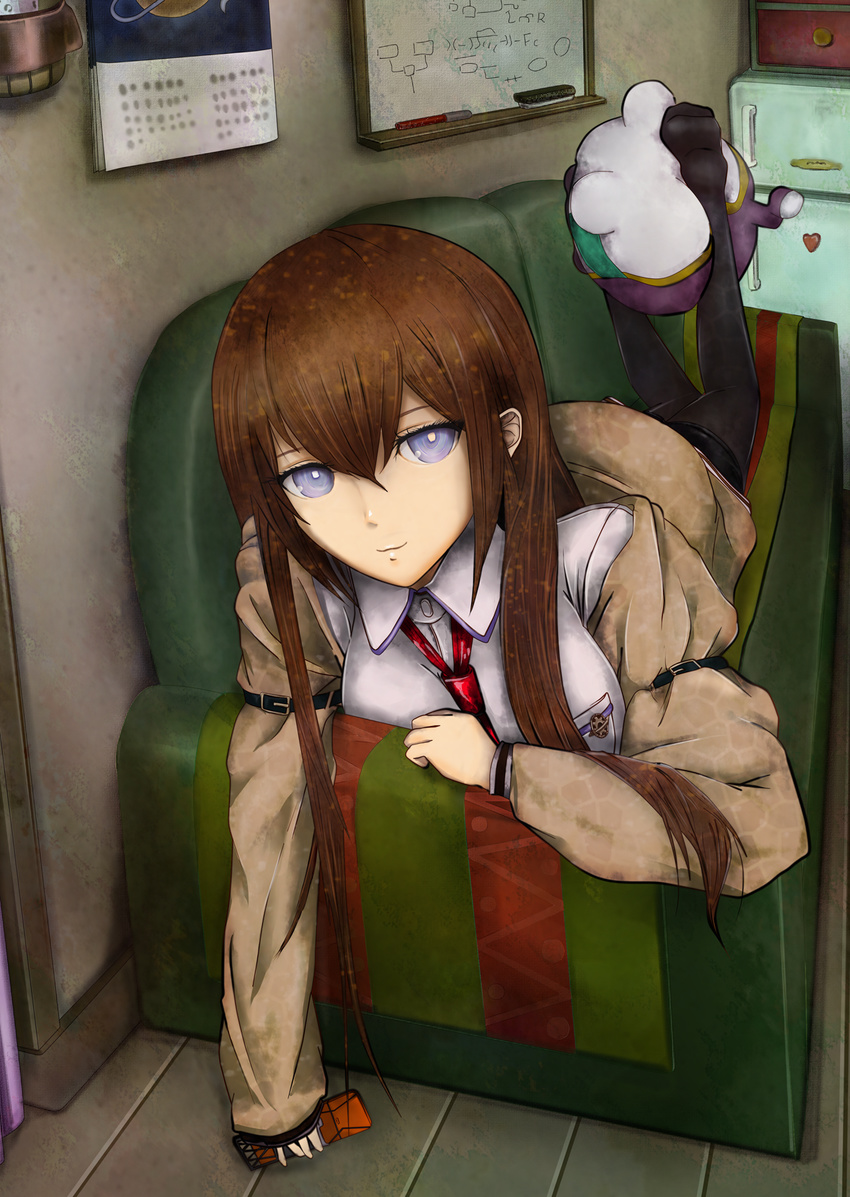 black_pantyhose blue_eyes brown_hair calendar_(object) cellphone commentary_request couch feet female highres jacket long_hair makise_kurisu meisai necktie pantyhose pantyhose_under_shorts phone red_necktie refrigerator shorts solo steins;gate