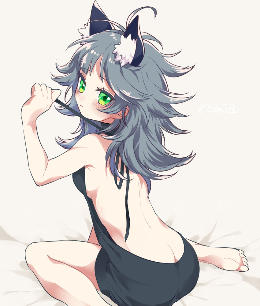 animal_ears antenna_hair ass backless_dress backless_outfit bare_back bare_shoulders barefoot blush breasts butt_crack character_name commentary_request dress female from_behind gen_(gen_m_gen) green_eyes grey_hair halterneck highres looking_at_viewer looking_back medium_breasts meme_attire messy_hair naked_sweater puzzle_&_dragons romia_(p&d) sideboob sitting solo sweater sweater_dress turtleneck turtleneck_sweater virgin_killer_sweater wariza wolf_ears