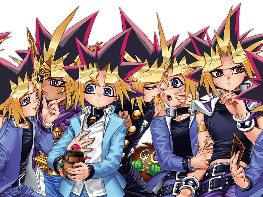 2boys atem bad_id bad_link blonde_hair blue_eyes blush card domino_high_school_uniform duel_monster dyed_bangs gakuran half-closed_eyes hari_(quartzshow) imminent_kiss kuriboh male_focus multicolored_hair multiple_boys muto_yugi open_mouth pink_hair red_eyes school_uniform spiked_hair sweat two-tone_hair wince yami_yugi yaoi yu-gi-oh! yu-gi-oh!_duel_monsters