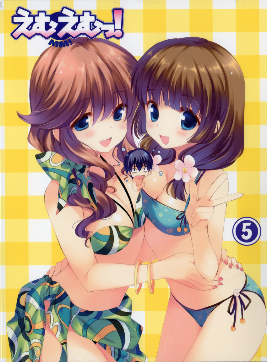 1boy 2girls absurdres bandeau between_breasts bikini blue_eyes blush bracelet breasts brother_and_sister brown_hair cleavage cover dvd_cover green_sarong halterneck highres jewelry long_hair medium_breasts mini_person miniboy mm! mother_and_daughter mother_and_son multiple_girls ohara_tometa open_mouth person_between_breasts photoshop_(medium) print_sarong sado_shizuka sado_tarou sado_tomoko sarong siblings side-tie_bikini_bottom smile swimsuit twintails v