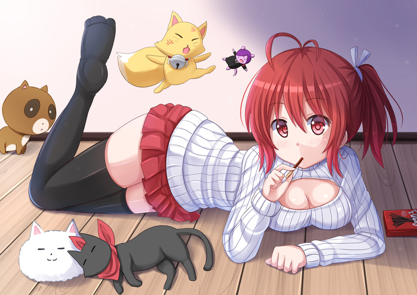 angora_rabbit animal antenna_hair black_legwear brand_name_imitation breasts canine cleavage cleavage_cutout clothing_cutout commentary_request eating feline female food fox gekkan_shoujo_nozaki-kun gochuumon_wa_usagi_desu_ka? gugure!_kokkuri-san hair_ribbon inugami_(gugukoku) kazenokaze kokkuri-san_(gugukoku) large_breasts looking_at_viewer lulette_naomi_(kazenokaze) lying meme_attire nichijou on_stomach open-chest_sweater original pleated_skirt pocky rabbit raccoon red_eyes red_hair ribbed_sweater ribbon sakamoto_(nichijou) side_ponytail skirt sweater tanuki thighhighs tippy_(gochiusa) wooden_floor zettai_ryouiki