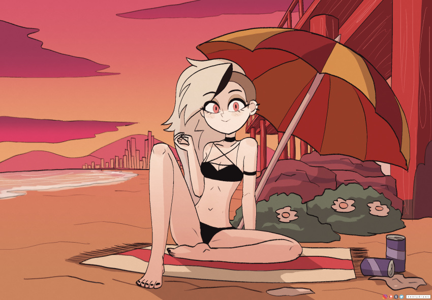 1girls absurd_res beach beach_towel beach_umbrella bikini black_bikini black_swimsuit cute goth hair happy helluva_boss human human_loona human_only humanized kt-draws looking_at_viewer loona_(helluva_boss) sidecut smile smiling soda_can swimsuit umbrella vivienne_medrano