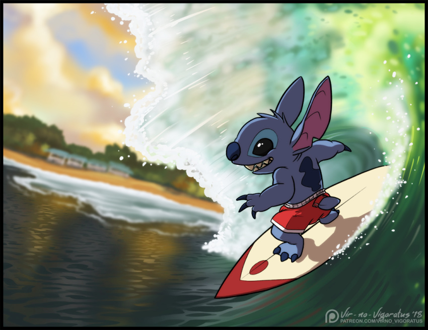 2018 alien back_markings barefoot beach black_border black_eyes blue_body blue_claws blue_fur blue_nose border claws clothed clothing cloud disney experiment_(lilo_and_stitch) feet fur green_water head_tuft lilo_and_stitch male markings notched_ear open_mouth open_smile outside red_clothing red_swimming_trunks red_swimwear sea seaside small_tail smile solo stitch_(lilo_and_stitch) structures surfboard surfing swimming_trunks swimming_trunks_only swimwear swimwear_only tail teeth_showing text toe_claws topless tropical tuft url vehicle vir-no-vigoratus water watercraft watermark wave