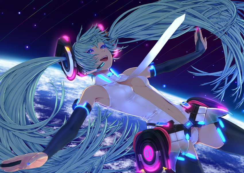 blue_eyes bridal_gauntlets center_opening commentary_request female green_hair hatsune_miku hatsune_miku_(append) headset highres long_hair navel nayu necktie open_mouth outstretched_arms solo space spread_arms thighhighs twintails very_long_hair vocaloid vocaloid_append