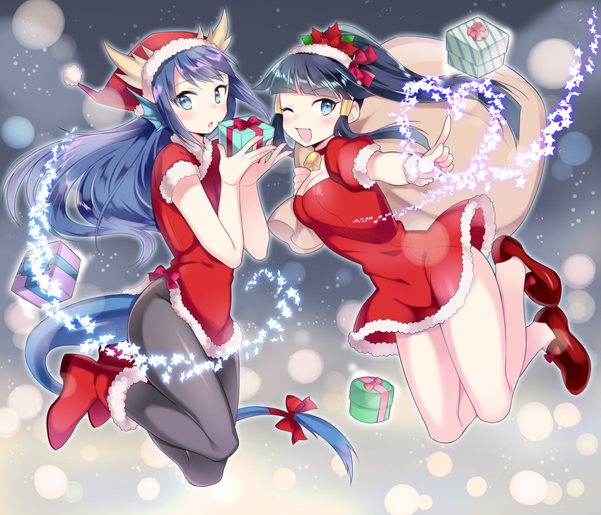 2girls :o ;d ankle_boots bare_legs bell black_hair black_legwear blue_eyes blue_hair boots bow breasts choker christmas cleavage commentary_request dragon_girl dragon_horns dragon_tail dress fins fur_trim gift hair_ornament hair_tubes hairbow hat head_fins heart highres holding horns kaki_s karin_(p&d) leaf leaf_hair_ornament long_hair medium_breasts multiple_girls nephthys_(p&d) no_panties one_eye_closed open_mouth pantyhose photoshop_(medium) pointing ponytail puffy_short_sleeves puffy_sleeves puzzle_&_dragons red_dress red_footwear santa_boots santa_costume santa_hat short_dress short_sleeves siblings sisters smile star_(symbol) tail