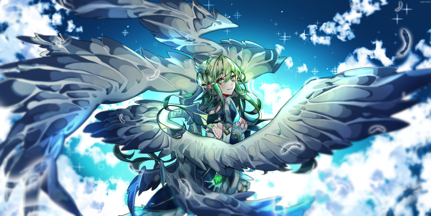 back bad_id bad_pixiv_id cloud elf elsword gem grand_archer_(elsword) green_hair hair_ornament highres jtlo123412 long_hair pointy_ears rena_erindel sky smile sparkle wings