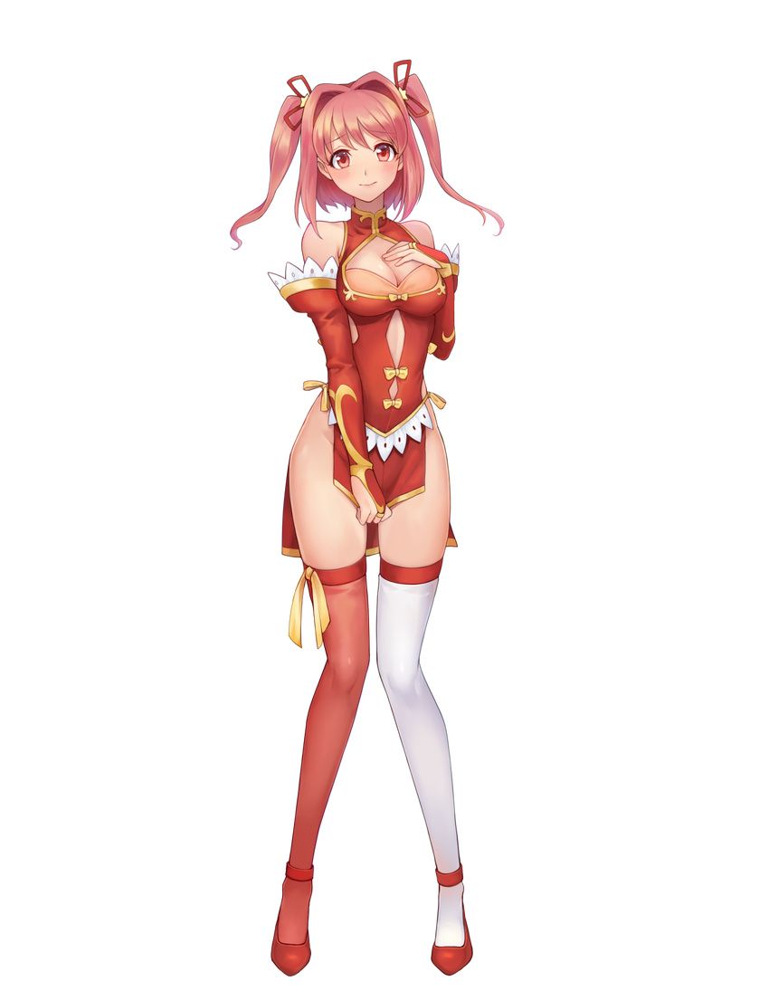 3: artist_request asymmetrical_legwear breasts bridal_gauntlets china_dress chinese_clothes cleavage cleavage_cutout closed_mouth clothing_cutout covering_crotch covering_privates crossover dress dress_tug elbow_gloves female fingerless_gloves full_body gloves hair_intakes hair_ribbon hand_on_own_chest highres hoshikawa_hikayu luna_princess medium_breasts medium_hair mismatched_legwear no_panties pink_hair pink_legwear re:creators red_dress red_gloves ribbon short_dress side_slit solo tenshi_mikadokuni thighhighs transparent_background two_side_up white_legwear