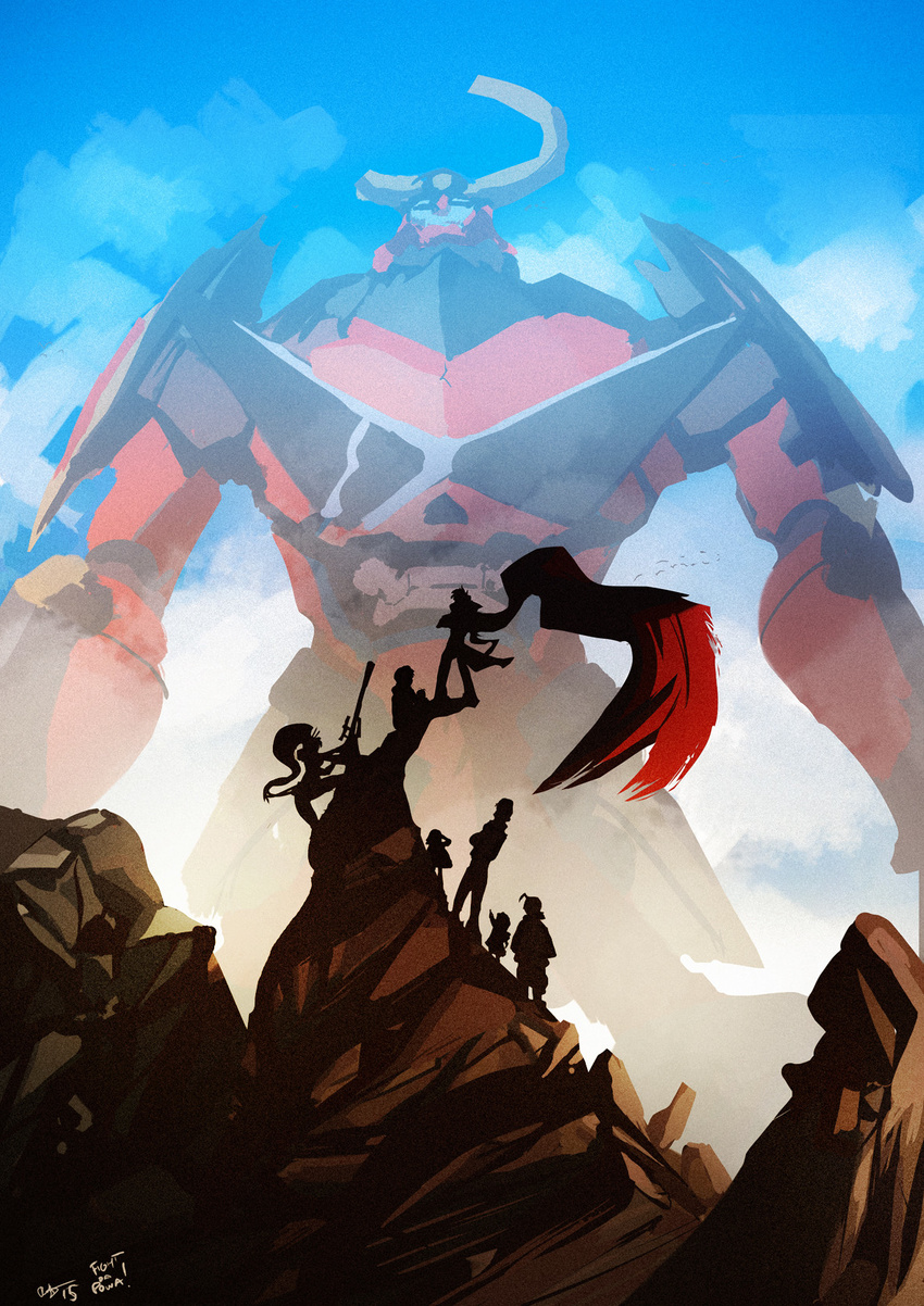 cape cloud darry_adai gimmy gun gurren-lagann kamina leeron mecha phil_dragash rock rossiu silhouette simon sky tengen_toppa_gurren_lagann weapon yoko_littner