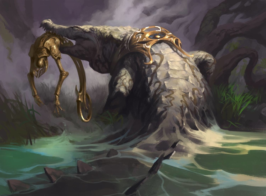 crocodile crocodilian crocodylid feral harness hasbro machine magic:_the_gathering official_art partially_submerged rear_view reptile robot scalie sharp_teeth sidharth_chaturvedi solo teeth walking