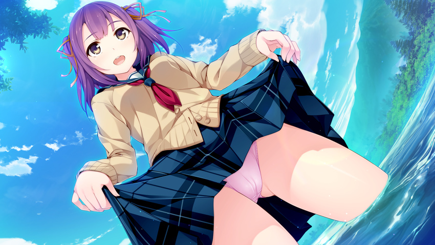 akabei_soft black_eyes blush breasts cameltoe from_below game_cg hair_ribbon highres legs long_sleeves looking_away mountain open_mouth panties pink_panties purple_hair ribbon river school_uniform skirt skirt_lift sky small_breasts solo sorairo_innocent standing thighs tsubaki_ami twintails unasaka_ryou underwear water wet