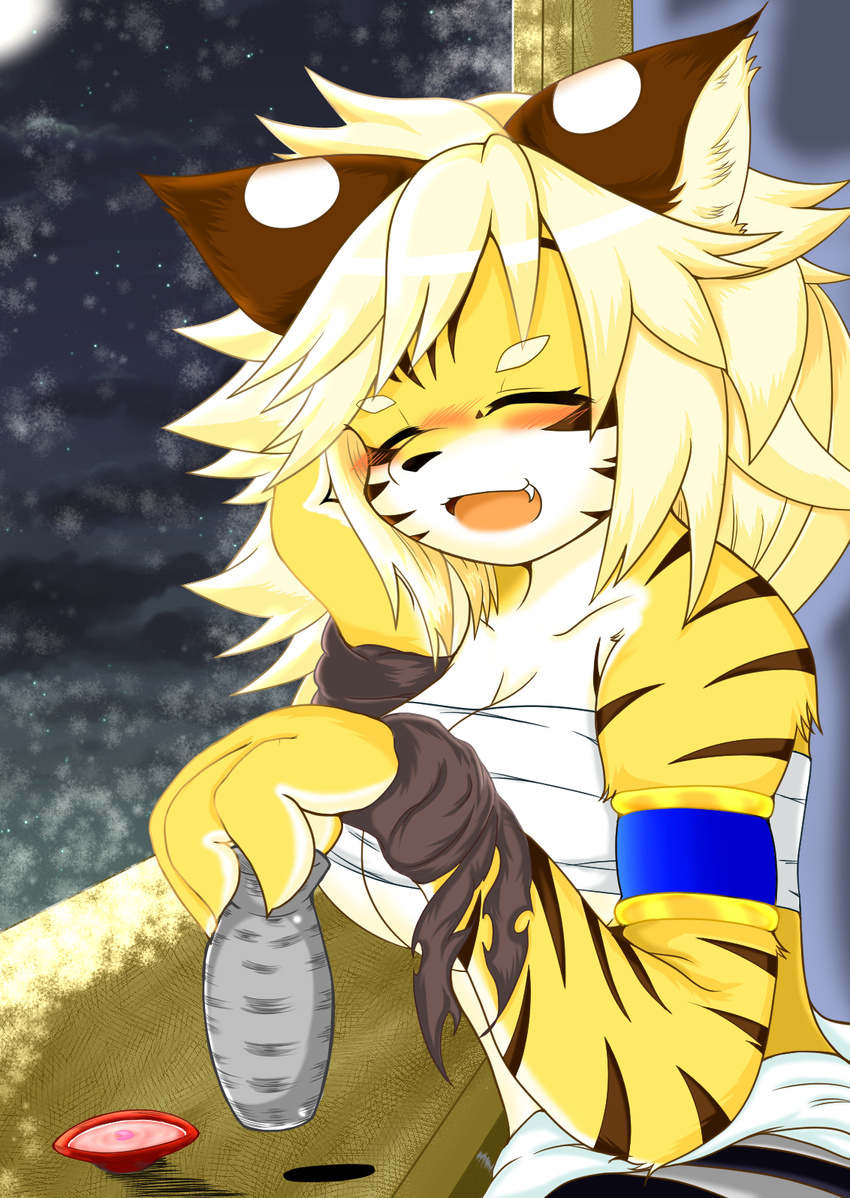 2015 alcohol alternate_version_at_source anthro armband beverage blush breasts chest_wraps closed_eyes cyberconnect2 drecom felid female full_bokko_heroes hand_on_head happy hi_res holding_object mammal megane_inu open_mouth pantherine sake smile solo tiger wraps zhang_fei_(full_bokko_heroes)