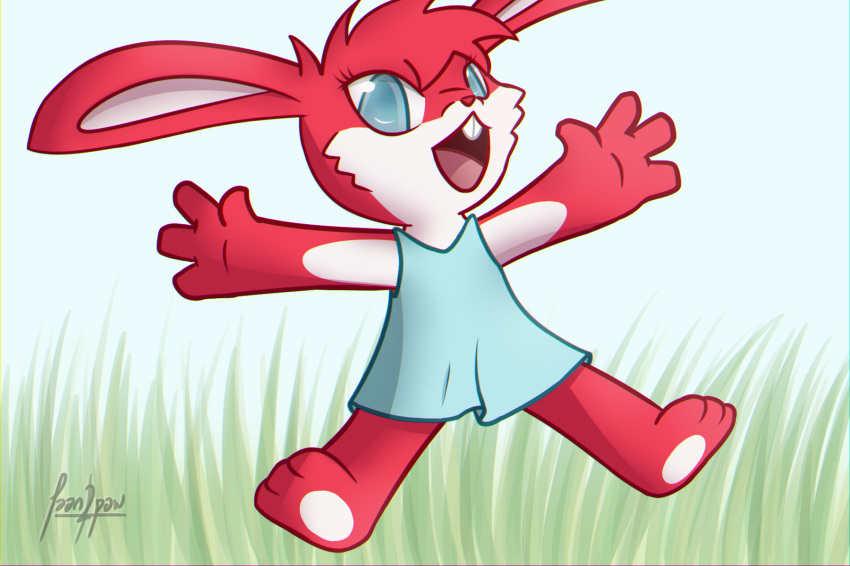 2018 3:2 anthro barefoot biped blue_eyes chibi clothed clothing digital_media_(artwork) dress feet female front_view fur grass hair happy hi-rez_studios hi_res hindpaw humanoid_hands jumping lagomorph leipori leporid long_ears looking_at_viewer mammal moji_(paladins) mr_awoo multicolored_body multicolored_fur nature open_mouth open_smile outside paladins_(game) paws plant rabbit red_body red_fur red_nose signature simple_background sky smile solo teeth toes tongue two_tone_body two_tone_fur white_body white_fur