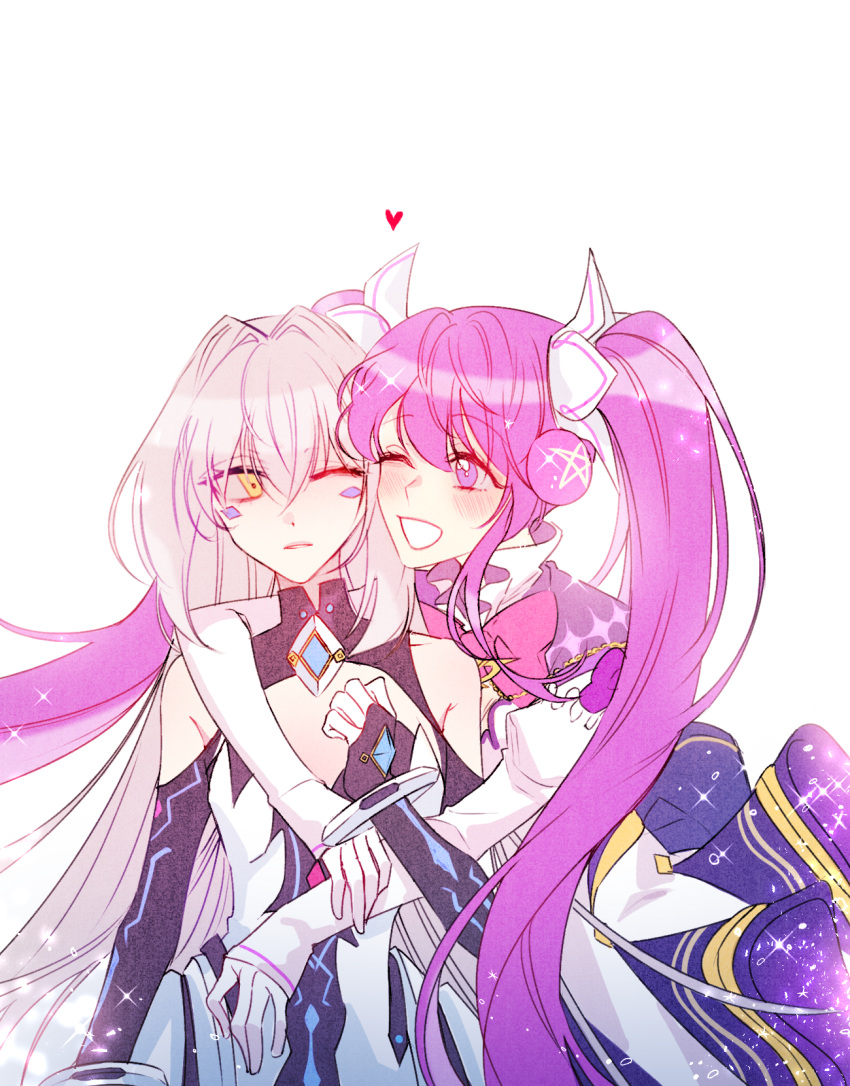 2girls aisha_landar bare_shoulders blush code:_sariel_(elsword) commentary_request elsword eve_(elsword) facial_mark gradient_hair hair_intakes heart highres hug long_hair long_sleeves magical_girl metamorphy_(elsword) multicolored_hair multiple_girls one_eye_closed parted_lips pink_hair purple_hair sleeves_past_wrists smile sulleah twintails very_long_hair yellow_eyes yuri