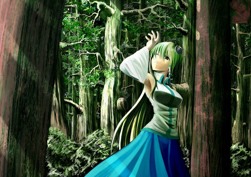 bad_id bad_pixiv_id blue_eyes blush breasts female forest frog green_hair hair_ornament highres kochiya_sanae large_breasts long_hair marubororaito nature skirt snake solo touhou tree