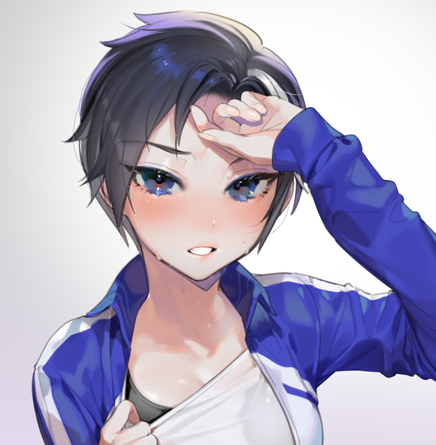 bad_id bad_pixiv_id black_hair blue_eyes blue_jacket blush collarbone female gradient_background grey_background hand_to_forehead highres idol jacket keishi_(shining_star) looking_at_viewer ohisashiburi parted_lips shining_star shirt short_hair simple_background solo sports_bra sweat track_jacket wet white_shirt