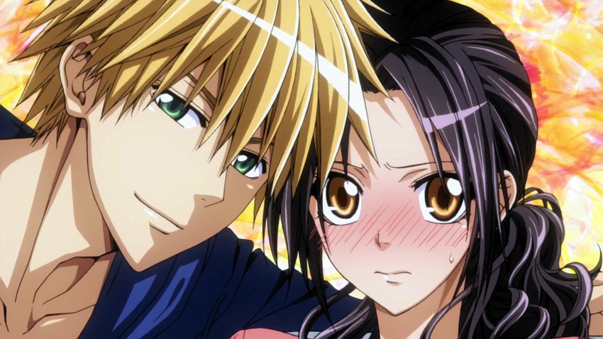 1boy ayuzawa_misaki black_hair blonde_hair blush brown_eyes close-up female green_eyes kaichou_wa_maid-sama! portrait usui_takumi