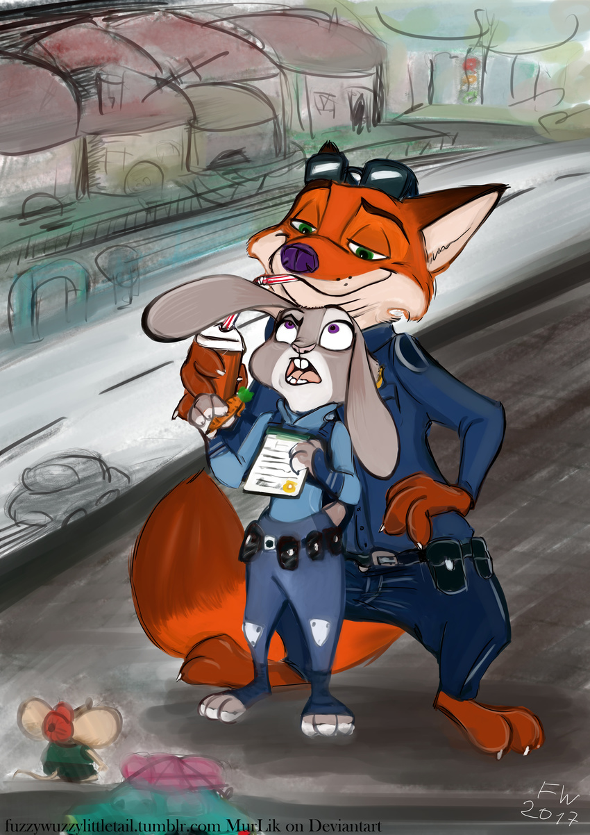 2017 abstract_background absurd_res angry anthro barefoot beverage buckteeth canid canine claws clothed clothing dipstick_tail disney drinking duo_focus eyewear feet female fox fully_clothed fur group hat headgear headwear hi_res inner_ear_fluff judy_hopps lagomorph leporid looking_back looking_up male mammal markings mouse multicolored_tail murid murine murlik nick_wilde notebook outside pen police police_uniform rabbit red_fox rodent size_difference smile sunglasses tail tail_markings teeth toe_claws true_fox tuft uniform zootopia