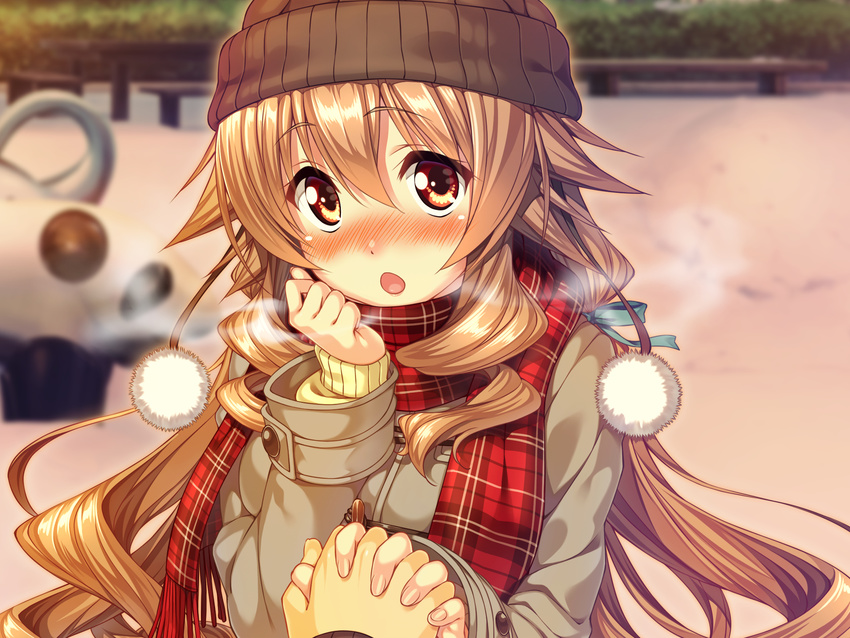 1boy amakano blush brown_eyes brown_hair coat drill_hair female full-face_blush game_cg hand_holding hat highres hoshikawa_koharu long_hair open_mouth piromizu plaid_scarf pom_pom_(clothes) pompoms scarf