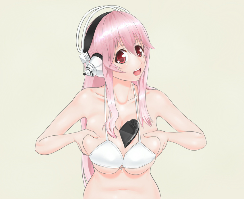 between_breasts bikini blaccura blush breasts cleavage commentary_request female handheld_game_console headphones highres large_breasts long_hair looking_at_viewer navel nitroplus open_mouth photoshop_(medium) pink_hair playstation_vita red_eyes smile solo super_sonico swimsuit