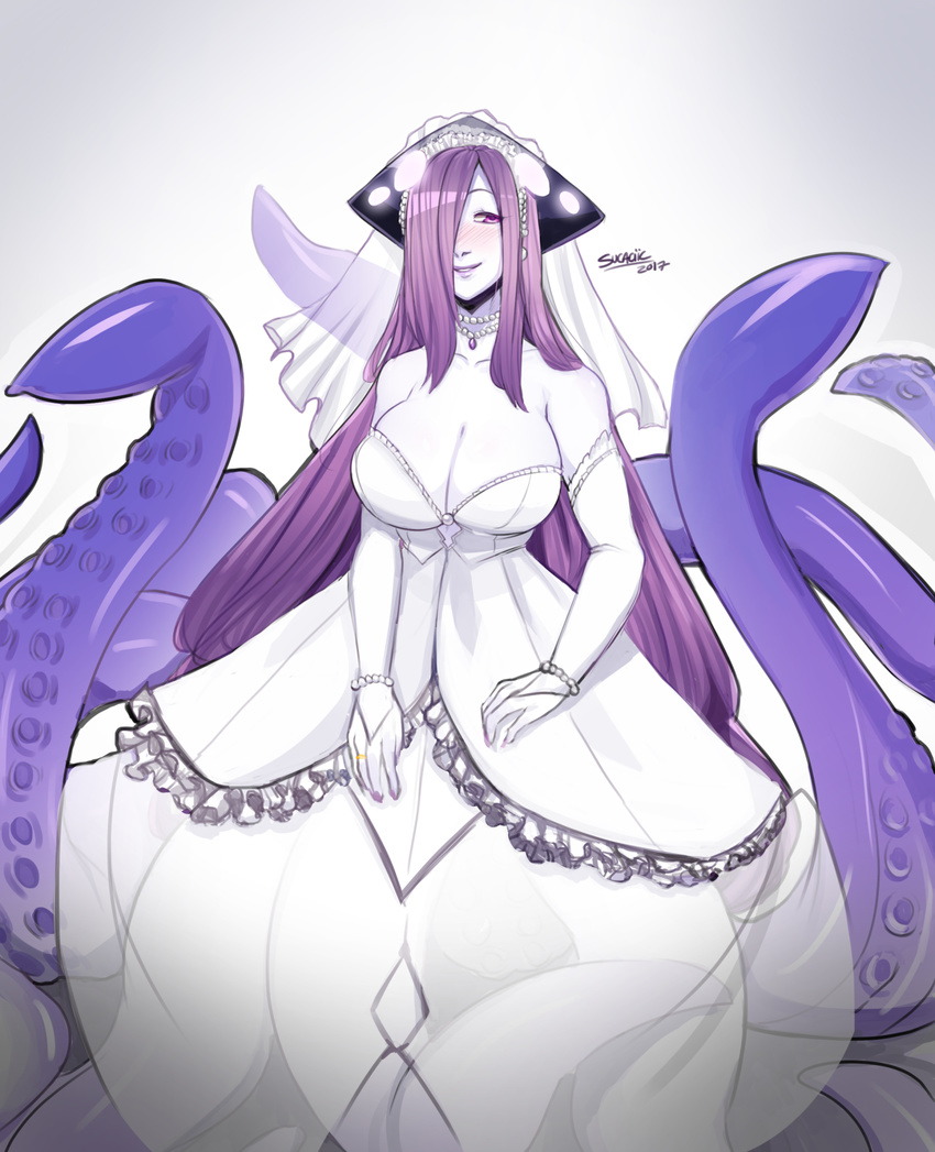 2017 artist_name bare_shoulders blush bracelet breasts bridal_gauntlets bridal_veil bride cleavage dress elbow_gloves gloves hair_over_one_eye highres jewelry kraken_(monster_girl_encyclopedia) large_breasts long_hair monster_girl monster_girl_encyclopedia nail_polish necklace pale_skin pearl_bracelet pearl_necklace purple_eyes purple_hair purple_nails ring scylla simple_background smile sucaciic tentacle veil very_long_hair wedding_band wedding_dress white_dress white_gloves