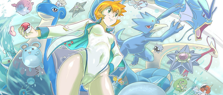 breasts claws corsola fangs female female goldeen golduck gyarados gym_leader horsea kasumi_(pokemon) lanturn lapras luvdisc maigleco marill milotic nintendo one-piece_swimsuit partially_visible_vulva poke_ball pokemon politoed seaking shellder shiny_skin smile staryu sweater swimsuit tail togepi water wink