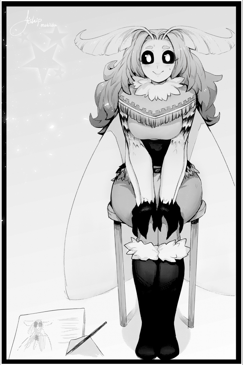 antennae arthropod_girl artist_name bad_id bad_tumblr_id black_sclera blush boots border capelet colored_sclera commentary english_commentary female fur-trimmed_boots fur_trim greyscale hands_on_own_knees highres insect_wings knee_boots long_hair looking_at_viewer matilda_fiship monochrome monster_girl moth_girl moth_wings mother_lumi_(matilda_fiship) neck_fur original sitting smile solo star_(symbol) stool wings