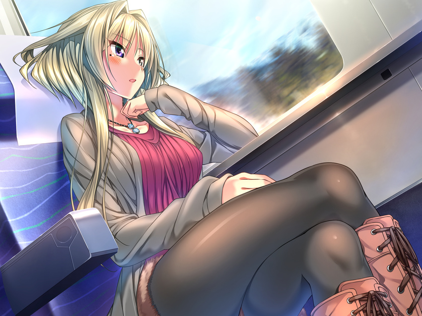 amakano blush brown_hair female game_cg green_eyes heterochromia highres kanbayashi_mizuki legs_crossed mole open_mouth piromizu purple_eyes sitting train window