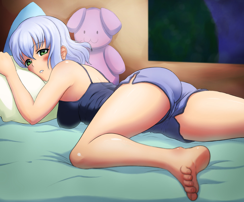 amagi_brilliant_park ass bare_legs bare_shoulders barefoot bed black_camisole blue_hair blush camisole commentary_request dolphin_shorts feet female finalcake green_eyes grey_shorts legs looking_at_viewer lying muse_(amaburi) on_bed pillow short_hair short_shorts shorts solo stuffed_toy