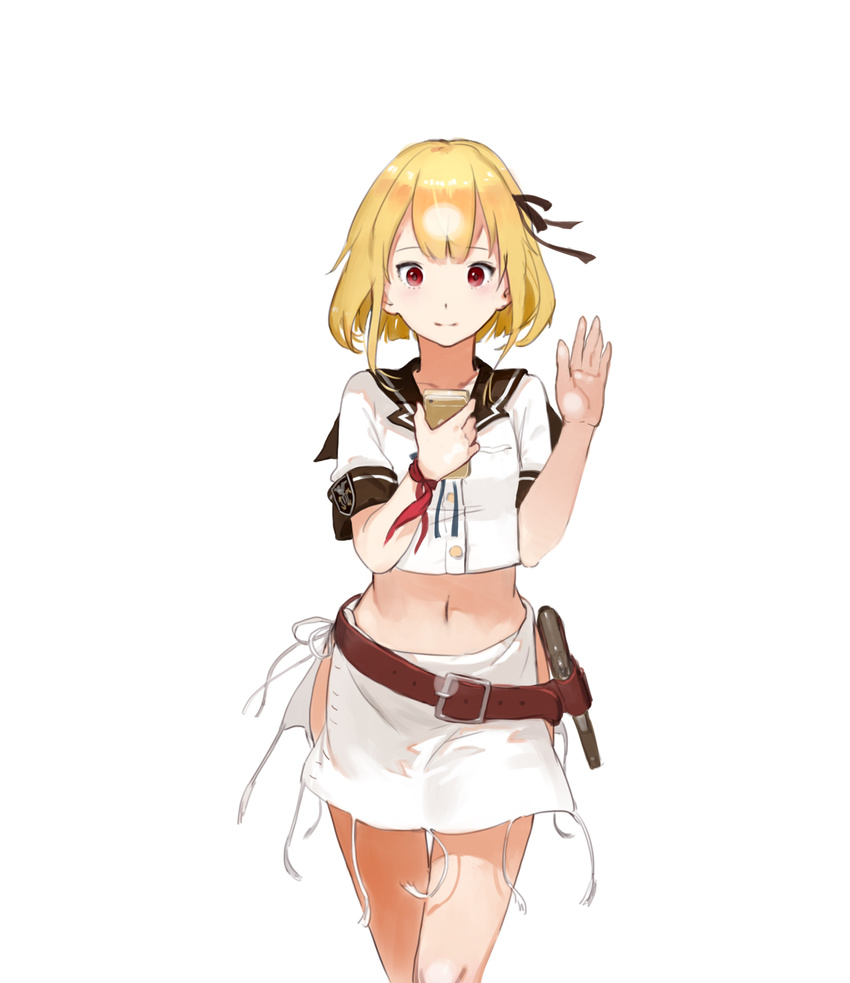 belt blonde_hair cellphone commentary_request crop_top crop_top_overhang enterprise_(pacific) female gun handgun highres holding holster iphone jeanex kantai_collection looking_at_viewer midriff navel original pacific_(kancolle) phone red_eyes short_hair simple_background smartphone smile solo thigh_gap united_states weapon white_background