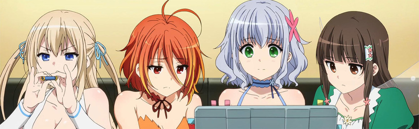 4girls amagi_brilliant_park anime_screenshot aqua_hair blonde_hair blue_eyes brown_eyes brown_hair computer green_eyes koborii_(amaburi) laptop long_hair multicolored_hair multiple_girls muse_(amaburi) orange_hair photoshop_(medium) red_eyes red_hair salama_(amaburi) short_hair sylphy_(amaburi) twintails