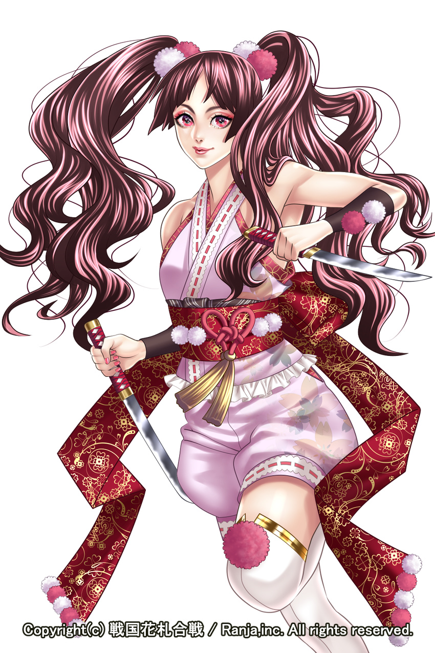 brown_hair commentary_request dagger dual_wielding eyeshadow female hair_ornament highres holding holding_knife knife long_hair looking_at_viewer makeup mito_amatsu official_art pink_eyes pom_pom_(clothes) sengoku_hanafuda_kassen solo standing standing_on_one_leg tassel thighhighs transparent_background twintails weapon white_thighhighs